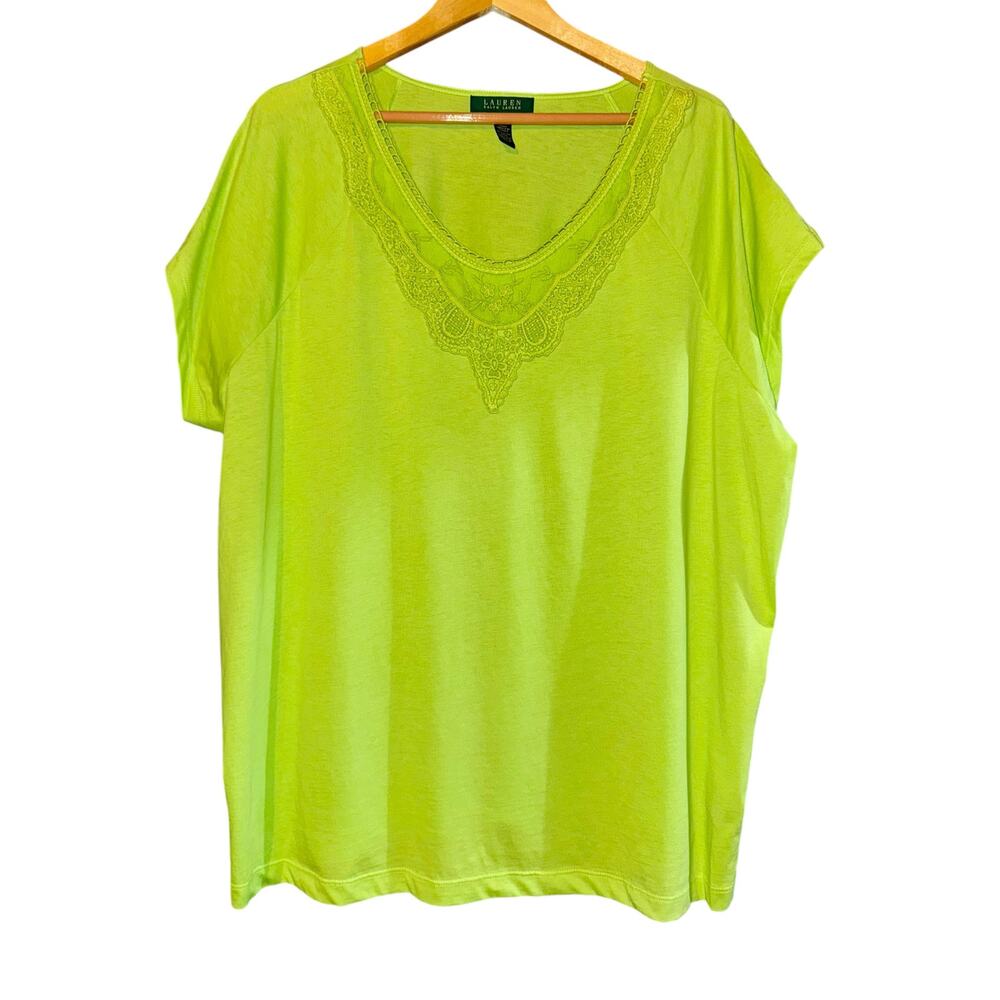 Lauren Ralph Lauren Lace Trim Chartreuse Green Short Sleeve Blouse Women 3X